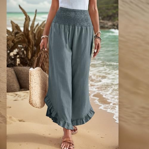 Wide Leg Pants Woman Casual Summer Smocked High Waisted Linen Pants Flowy Ruffle Hem Palazzo Pants with Pockets3