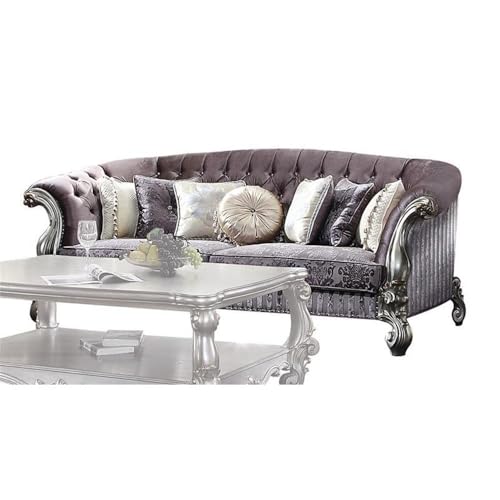 BOWERY HILL Traditional Velvet Sofa with 7 Pillows, Antique Platinum Finish, High Shelter Backrest, Nail-Head Trim, Tufted Detailing, 89" L x 41" D x 39" H, Elegant Living Room Seating