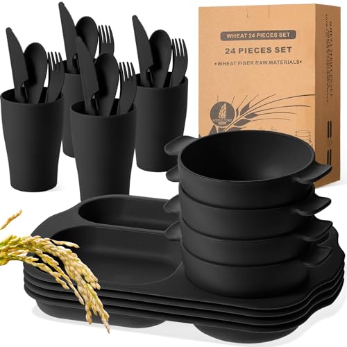 Image of Honoson 24 Pcs Wheat Straw Dinnerware Cutlery Set Including Divided Plates Microwave Dishwasher Safe Bowl Unbreakable Tableware Straw Cutlery Spoon Knife Fork Cup(Black)