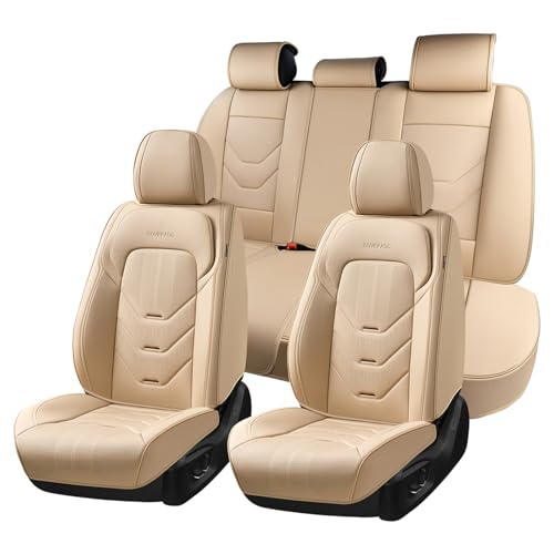 Image of Coverado Car Seat Cover Full Set, Front and Rear Seat Cover for Car, Leather Car Seat Protector, Beige Universal Seat Covers, Waterproof Car Seat Cushion, Automotive Seat Covers Fit for Most Vehicles