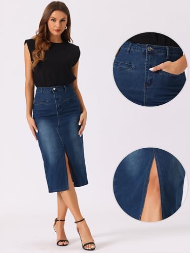 Allegra K Denim Skirt for Women's High Waist Slit Front Washed Jean Midi Skirts with Pockets2