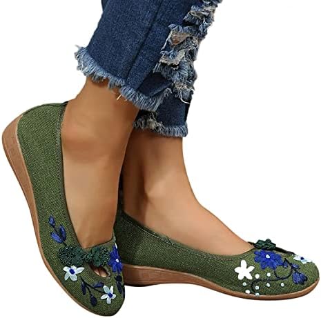 Floral Embroidered Mary Jane Shoes for Women Ladies Fashion Casual Low Heels Wedge Closed Round Toe Breathable Cloth Dressy Slip On Loafers Comfort Ballet Flats Dress Shoes for Work Nurse, Green, 7.5