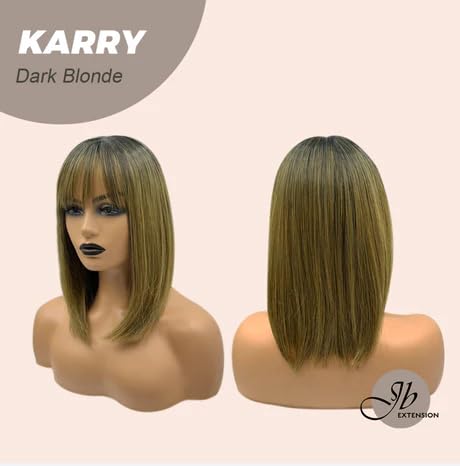 Miniatura 4 de Peluca corta estilo Bob con flequillo KARRY rubio oscuro con raíces oscuras, bicolor, lacio, sin pegamento, para fiesta, Halloween, pelucas para