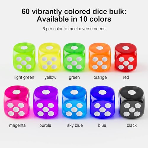 Rerdeim 60 Pieces Dice Set, 16mm Standard Bulk 6 Sided Colored Dices for Board Games, Math Learning, Classroom, 10 Color, 6 Pieces of Each Color - Thumbnail 4