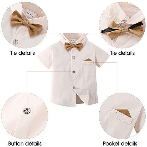 Disaur Baby Boy Clothes Suits, Toddler Dress Short Shirt With Bowtie + Suspender Pants Outfit Sets Gentleman Wedding 1-5 Years (Beige,18-24 Months) #TOP1