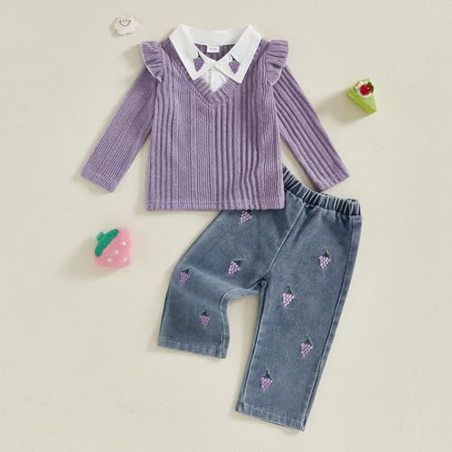 fhutpw Baby Toddler Girl Clothes Knit Ribbed Lapel Collar Long Sleeve Ruffle Pullover & Embroidery Jeans Fall Winter Outfits2
