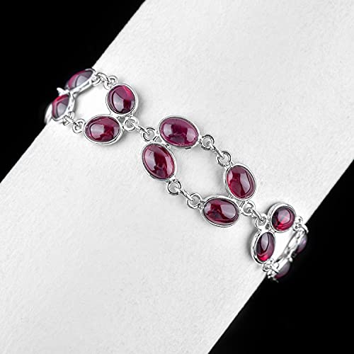 Qnavic Natural Rhodolite Garnet Cabochon Bezel Charm Bracelet For Women, Healing Chakra Crystal, Birthstone, Rhodium Plated 925 Sterling Silver Handmade Dainty Bracelet Gifts For Her #TOP3
