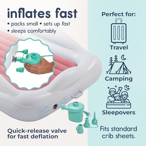 Image of Hiccapop Inflatable Toddler Travel Bed with Safety Bumpers [4-Sided], Portable Toddler Bed for Kids, Toddler Air Mattress, Kids Air Mattress - Pink
