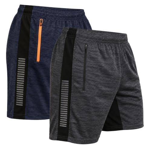 Image of NINQ Men's Sports Shorts Pack of 2 | Casual Gym Shorts with Side Zipper Pockets, Elastic Waist & Quick-Dry Comfort for Running & Workout