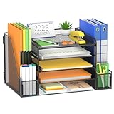 SUPEASY 5-Tier Mesh Desk Organizer with File Holder & Bookends, Metal Paper Letter Tray Organizer with 2 Pen Cups, Large-Capacity Desktop File Sorter for Home Office/School, Black