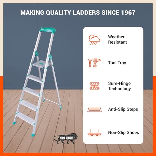 Image of Bathla Elevate 5-Step Foldable Aluminium Ladder for Home with Tool Tray | Anti-Skid | Durable, Heavy Duty, Safe & Stylish | 5-Year Warranty | Teal