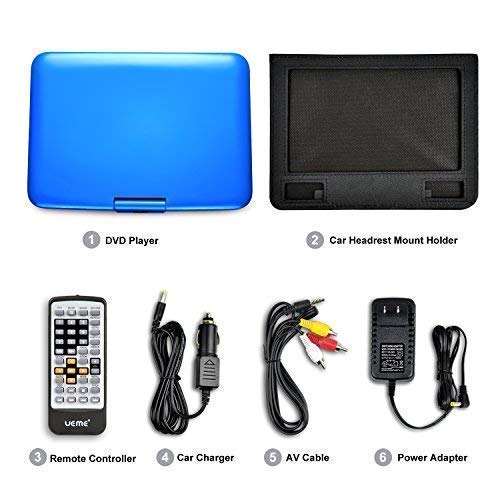 UEME DVD Player Portable with HD 10.1 Inches Swivel LCD Screen, Car Headrest Mount Holder, Remote Control, Personal DVD Player with Rechargeable Battery (Blue) - Thumbnail 2