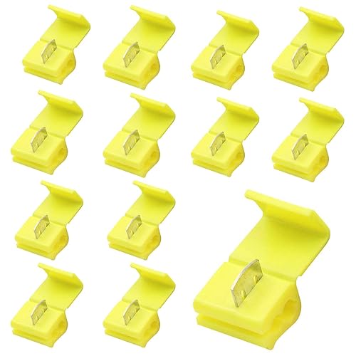 Quick Splice Wire Connector SQXBK 100PCS 12-10 AWG Yellow Self-Stripping Splice Connectors Inline, Double Run Solderless Crimp Wire Plug Connectors, Scotch Lock Splice Connector