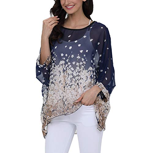 Image of Ckikiou Plus Size Batwing Flowy Semi Sheer Chiffon Blouse Tunic for Women Summer Floral Print Boho Beach Cover ups