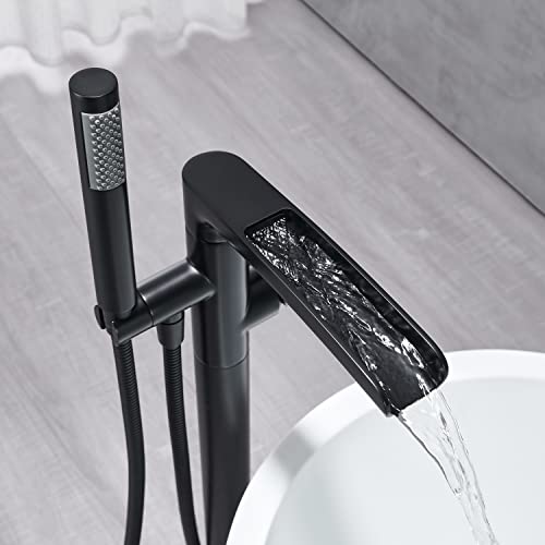 Qinkell Freestanding Bathtub Faucet Waterfall Tub Filler Black Floor Mount Brass Bathroom Tub Faucets With Hand Shower #TOP7