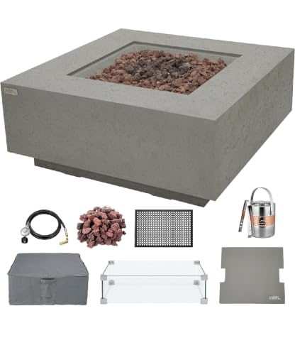 Image of AMS Creations | Brooklyn 40 inch Bundle Square Natural Gas Outdoor Fire Pit Table | Light Gray Concrete GFRC | Limestone Texture Surface Fire Pit Table