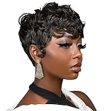 MUJGOO Short Curly Brown Wig for Black Women Short Pixie Hair Natural Looking Synthetic Layered Wigs for Black Women Pixie Cut Wigs for Women Heat Resistant Fiber Wig for Daily Party Use (Dark Brown)