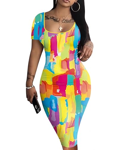 Image of Nimsruc Womens Summer Casual Sexy Short Sleeve Bodycon Dress Basic Pencil Midi Club Dresses