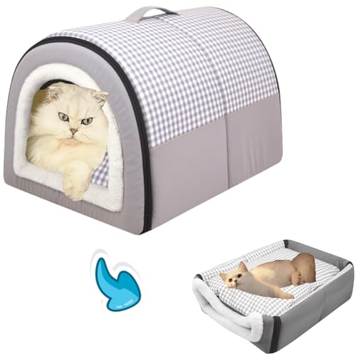 2 in 1 Foldable Cat Igloo Beds with Removable Cushion Non-Slip Dog Bed House Waterproof Warm Cat Cave Washable Covered Dog Bed Dog House (Light Grey,Large)