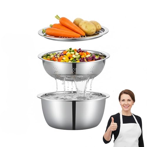 Germany Multifunctional Stainless Steel Basin, 2026 New 3 in 1 Multifunctional Stainless Steel Basin Strainer Set with Grater, Strainer Drain Basket for Rinsing Draining Mixing (S (10.24in))
