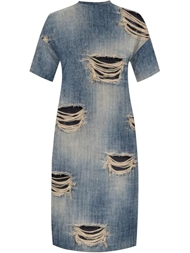 Image of SUZONANA Plus Size Denim Print Maxi Dresses for Women Casual V Neck Short Sleeve with Pockets Soft Jean Look Dress XL-6XL