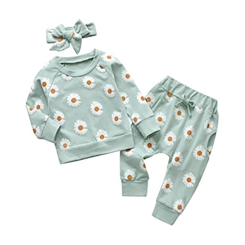 Newborn Infant Baby Girl Clothes with Print Flower Long Sleeve Tops + Pants + Headband 3Pcs Outfits set, Green, 12-18 Months Cover
