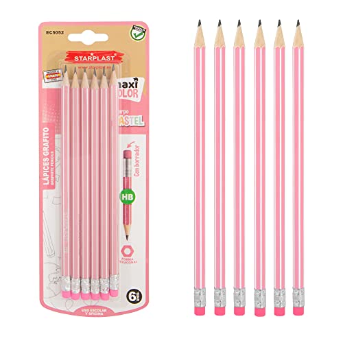 Lot de 6 crayons HB STARPLAST - 6 crayons à gâteaux, mine HB, forme hexagonale, écriture, bois, bureau et école - Rose pastel Cover