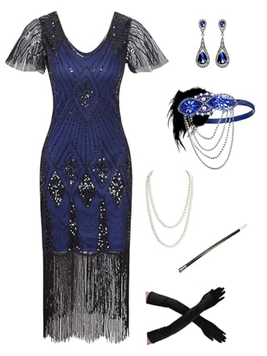 Image of 869A - Plus Size 1920s Vintage Fringed Gatsby Sequin Beaded Tassels Hem Flapper Party Prom Cocktail Dress with Accessories (Blue Black Diamond, 2X)