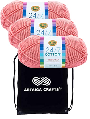 Lion Brand 24/7 Cotton Pink 761-101 (3-Skeins - Same Dye Lot) Worsted Medium #4 Cotton Yarn for Crocheting and Knitting with Project Bag