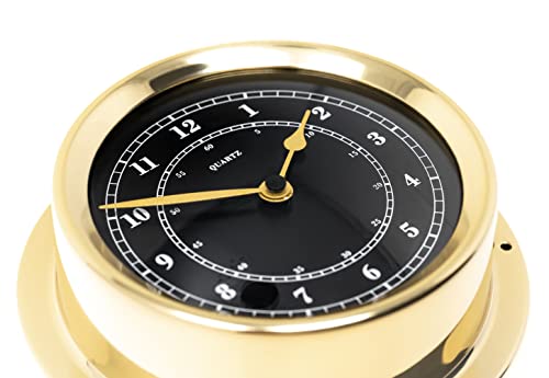Fischer 1508U-45.6 - maritime Quarz-Uhr - 125mm Messgerät mit schwarzem Ziffernblatt und Messing-Gehäuse Made in Germany