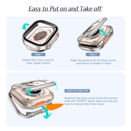 Goton 2 in 1 Waterproof Case for Apple Watch Ultra Ultra2 Screen Protector 49mm, 360 Protective Glass Face Cover Hard PC Bumper + Back Frame for iWatch Ultra Accessories 49 mm, Titanium