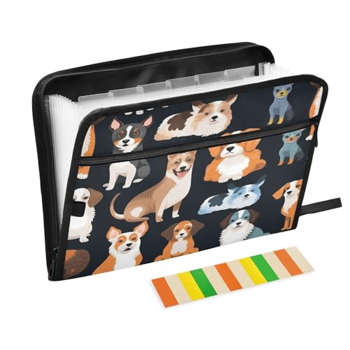 Animal Dog 13 Pocket File Organizer Expanding File Folder with Front Pouch Portable Business Fire Storage Document Organizer Folder with Zipper