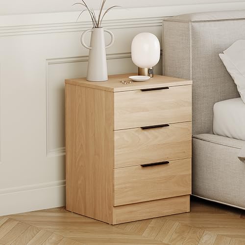 Image of Vida Designs Trega 3 Drawer Bedside Cabinet Pine - Compact Space-Saving Nightstand - 50H x 39W x 28D cm - Engineered Wood - Glide Drawers, Modern Black Handles - Ideal for Bedroom & Guest Room