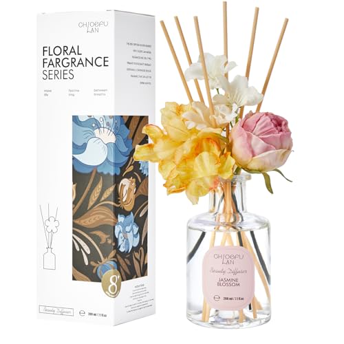 Chloefu Lan Flowers Reéd Diffuser for Girls Room Decor, 6.7oz with 9 Sticks, Jasmine Blossom Scent Diffusers for Home, Scentsy Home Fragrance, Scented Oils, Home & Bathroom Décor
