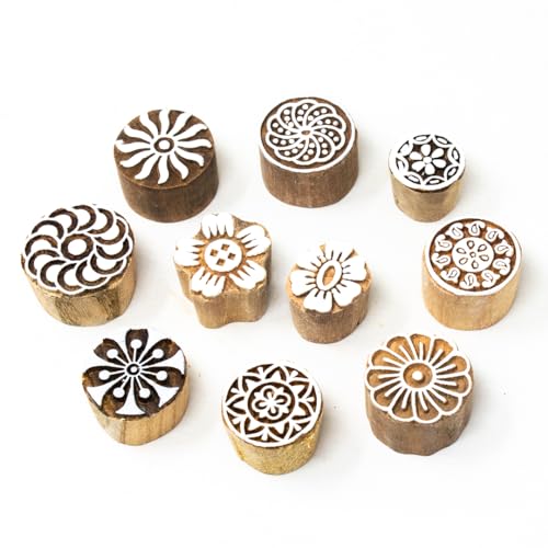 Image of Wooden Printing Stamps - Blocks for Printing Saree Border /Dresses /Craft Card Making /Scrapbook /Clay Pottery (Set of 10) Hashcart