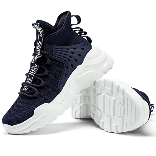 SANNAX Tênis masculino moderno de cano alto casual esportivo esportivo para caminhada, Azul escuro,