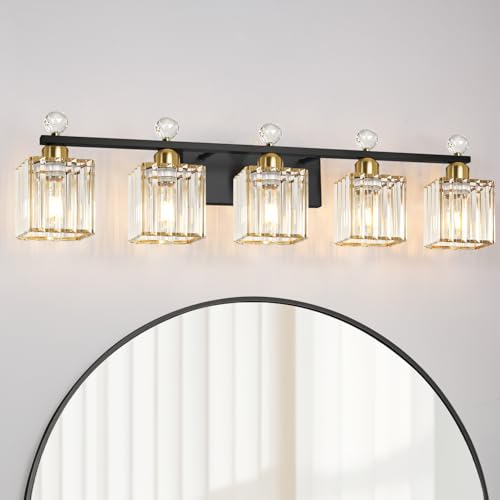 Image of Lxybcce Bathroom Vanity Lights Over Mirror - Easy Installation with Clear Guide, 5-Light Shadow-Free Design, Black and Gold Crystal Finish - for Modern Home Bathroom Lighting Fixtures in DIY Projects