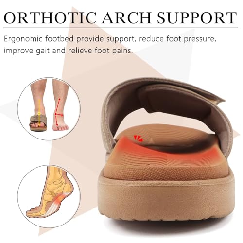 Image of KuaiLu Mens Atheletic Slides Wide Adjustable Arch Support Sport Sandals | Soft Cushioned Open Toe Summer Slippers for Plantar Fasciitis Slip On House Shoes Indoor Outdoor