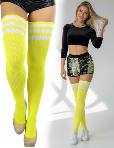 Image of ToBeInStyle Women's Heavyweight Knit Thigh High Long Socks w /Contrast 3 Stripe Top Band