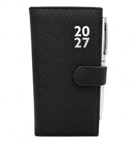 Sixstore 2027 Week to View Slim Diary Soft Leather Feel 16 x 8.5cm Size Journal with Pen Black
