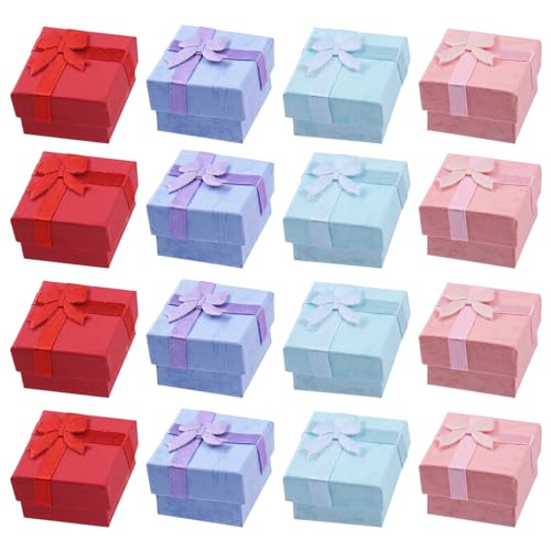 Swpeet 32 cajas de regalo de joyería de 4 colores 1,57 x 1,57 x 1,06 pulgadas con tapa y nudo de cinta decorativa, cajas de joyería de cartón con anillos y pendientes