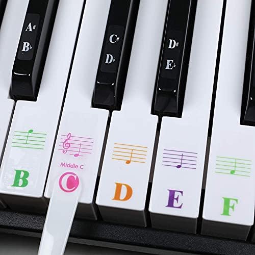 Piano Stickers, Piano Key Stickers for 88/61/54/49/37 Key Full Set for White and Black Keys, Color Bigger Letter-Thinner Transparent Removable Material with Cleaning Cloth