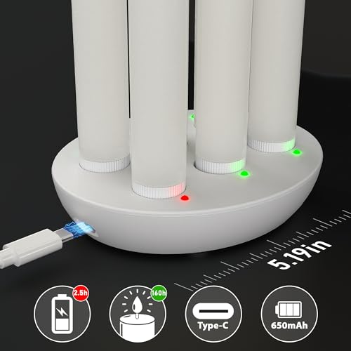 Image of Rechargeable Flameless Taper Candles with Remote, Charging Base, 6 Pcs | 0.78x9.6 inch white wax LED tapers, 3D flicker, 2.5-hour USB-C charge, up to 160-hour runtime for Home Wedding Christmas Decor