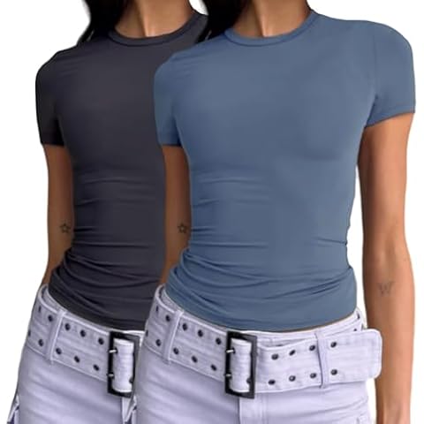 Dwnval Womens 2 Piece Sexy Casual Short Sleeve Crewneck Shirts Summer Slim Fit Cute Crop Tops(Dark Grey/Haze Blue, S) Cover