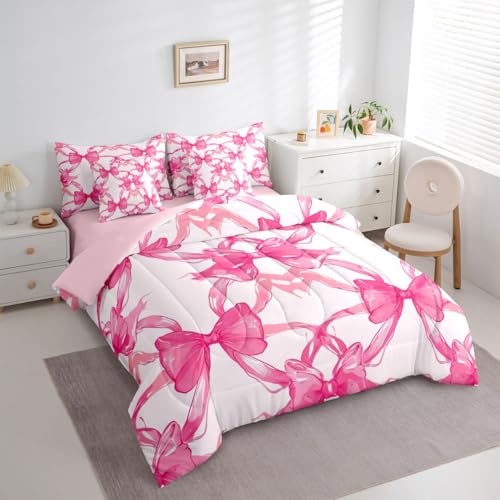 Image of Pink Bow Comforter Set 7 Piece Bed in a Bag Twin | Kawaii Ribbon Bowknot Bedding Sets Princess Bow Comforter and Sheet Set, Kawaii Bow Tie Bed Sets,Pink Decor for Bedroom