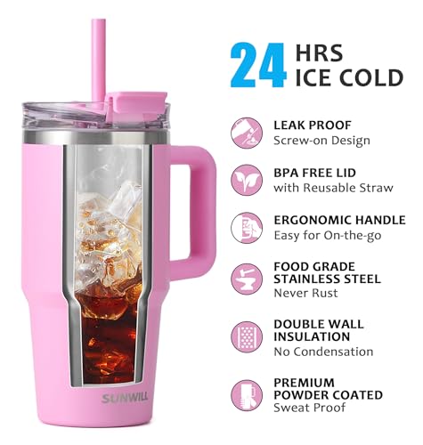 SUNWILL Travel Coffee Mug with Lid, 20 oz Tumbler with Handle and Straw Leak Proof, Stainless Steel Cup Insulated for Office & Gym, Cupholder Friendly, Powder Coated Pink