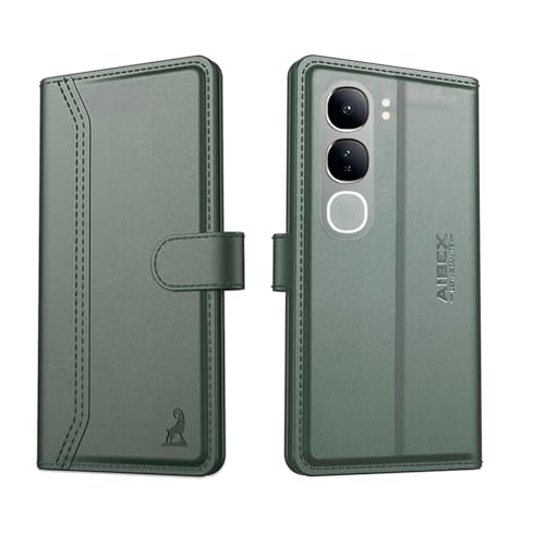 Image of AIBEX Compatible for Compatible for Vivo Y300 5G Flip Cover Leather Finish with Magnatic Closure | Inside TPU with Card Pockets | Wallet Stand | Complete Protection Flip Case -Green