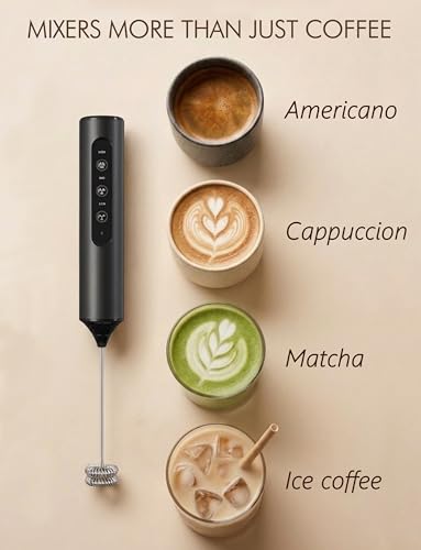 Image of Rechargeable Milk Frother Hanheld 3 Speed, Frother Wand Drink Mixer Handheld Coffee Stirrers Electric Frother for Coffee Mixer Wand with 3 Whisk frother for protein powder-Black