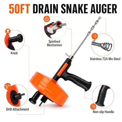 Image of Drain Snake 50-Foot, Manual or Drill Powered Drain Auger | Heavy Duty Flexible Plumbing Snake for Clog Removal in Kitchen, Shower, Sink, Toilet and Bathtub, with Gloves and Storage Bag