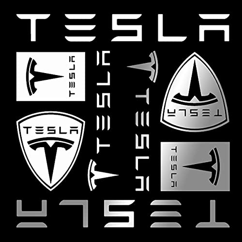 Imagnt Studio Sticker Set of 8 Decals for Tesla Car Window Laptop Wall Bumper Sticker (8 x 8 inches White & Silver Metallic)